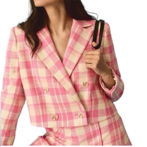 Anthropologie Mauve Pink Gingham Cropped Blazer Jacket size  MP